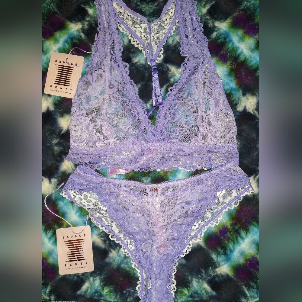 Savage X Fenty Periwinkle Floral Lace Racerback Bralette & Brazilian Set ~ Sz XS